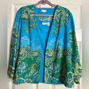 Chico's Blue and Green Paisley Cardigan and top - 2 pieces set. Petit fit.